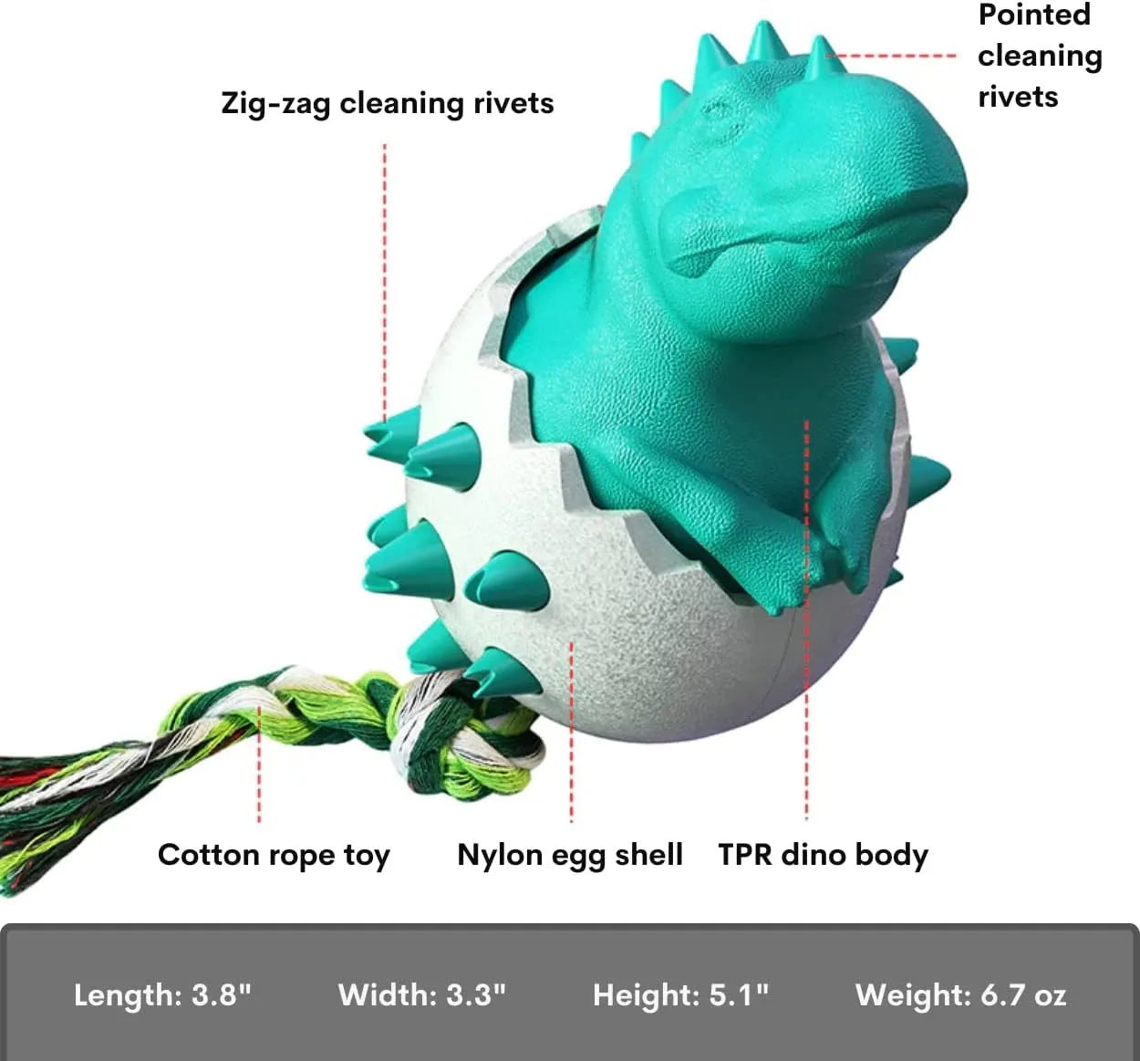 Blue durable dinosaur-shaped dog chew toy with an integrated rope and textured surface for dental care.