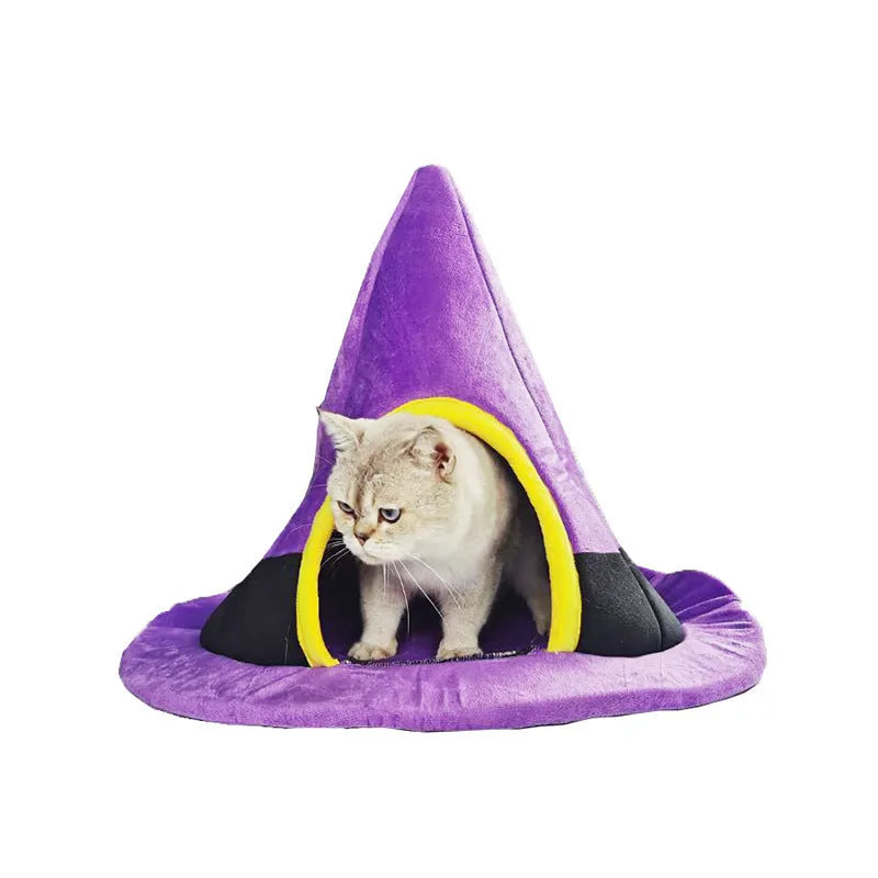 Purple Halloween witch hat shaped cat nest measuring 60x45cm