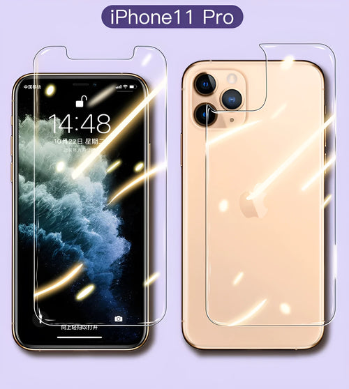 Tempered glass screen and rear protector film for Apple iPhone models on a table.