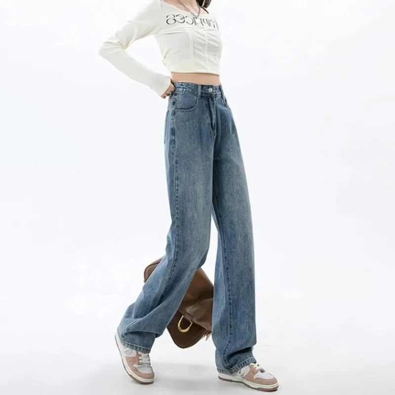 Women's retro blue high waist wide leg jeans with straight leg design and spandex denim fabric