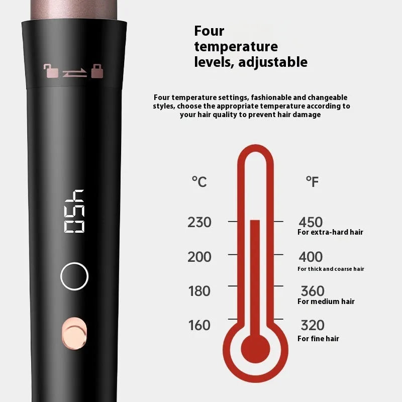 Rose gold hair curler with LCD display, replacement tubes, and heat-resistant gloves on a table.
