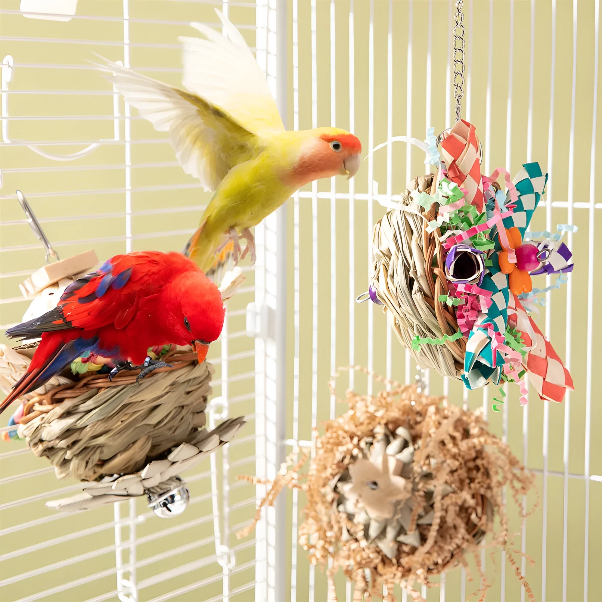 Parrot gnawing molar toy with three types of wooden blocks for chewing enrichment and beak maintenance
