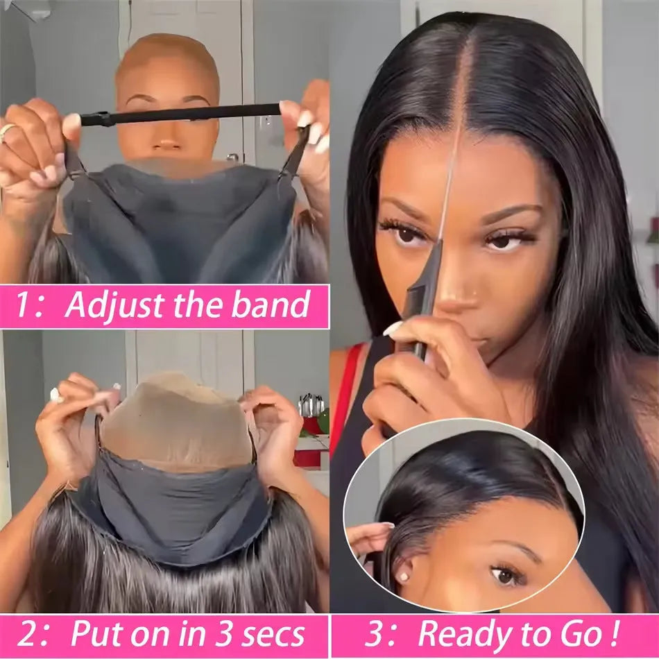 Glueless straight human hair wig with side bangs shown in natural black colour.