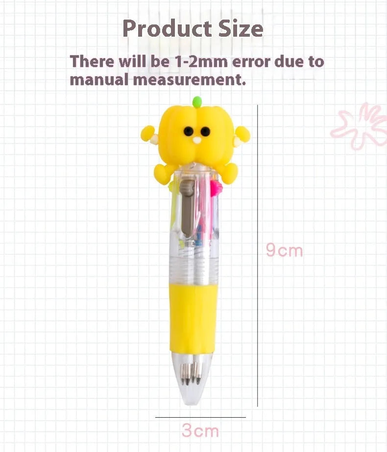 Four-colour press-action ballpoint pen with cartoon-themed refills and 0.7mm bullet tip