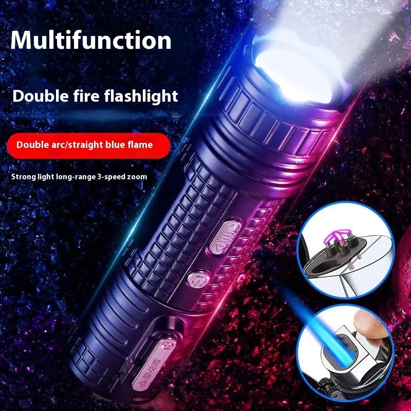 TH727 multi-function metal flashlight lighter shown in camouflage, red, black, blue, and yellow colour options.