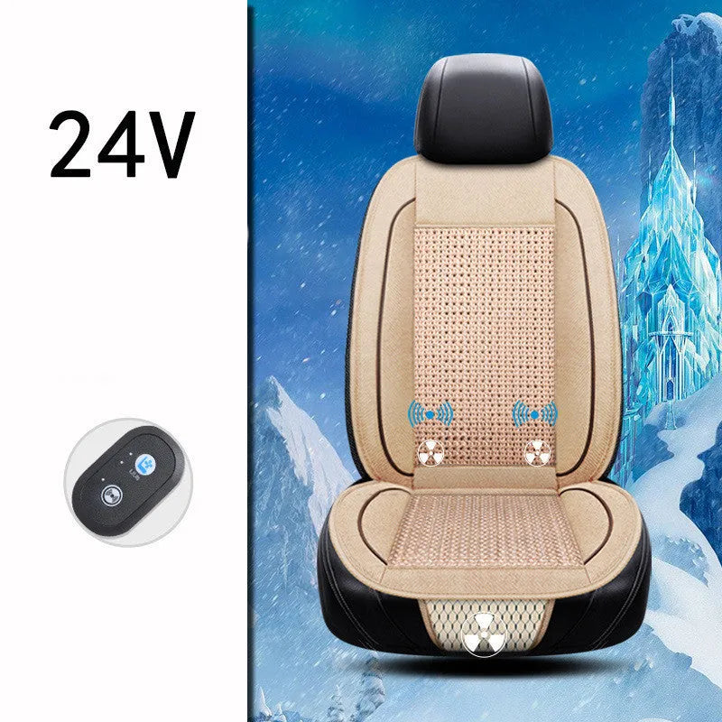 Black car ventilation seat cushion with massage function showing 60x60cm dimensions on vehicle seat