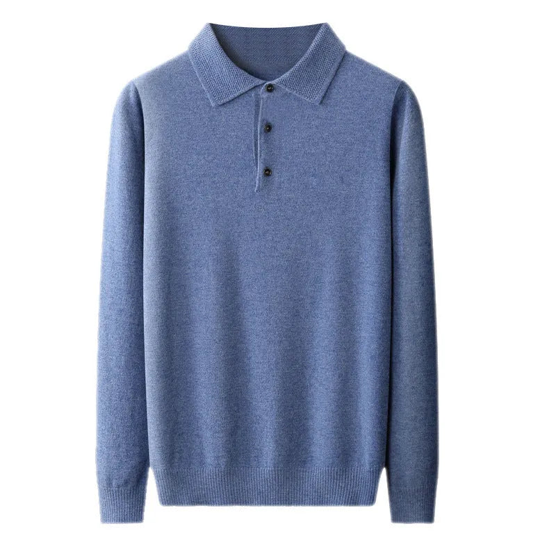 Men's woolen pullover sweater with a polo collar, shown in one of seven available colours.