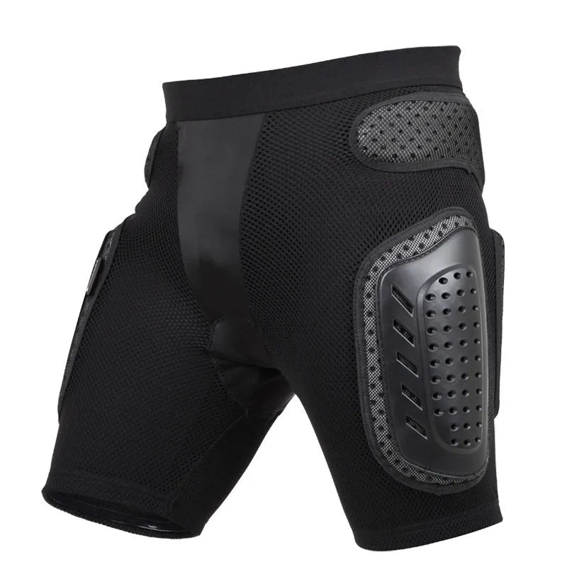 Black cycling hip pad protective pants shown in available sizes S, M, L, and XL