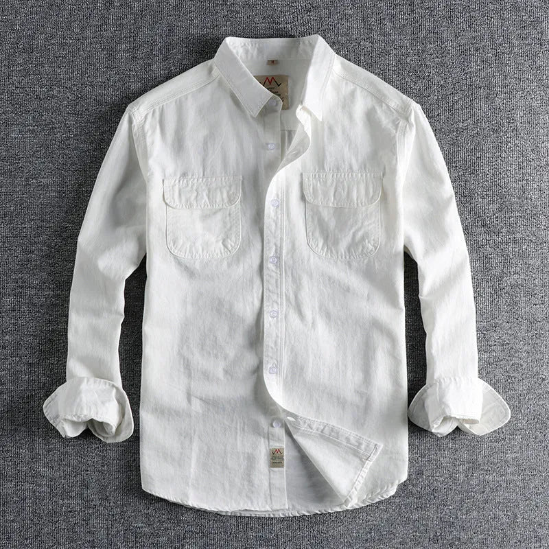 Men's retro style cotton cardigan shirt in light blue solid colour with long sleeves