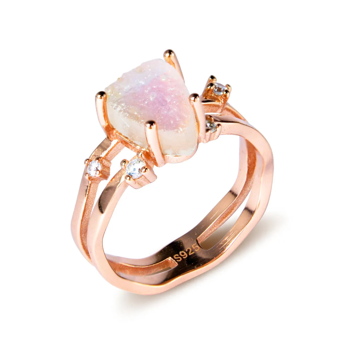 S925 sterling silver irregular triangle moonstone ring in rose gold, white gold, or yellow gold plating.