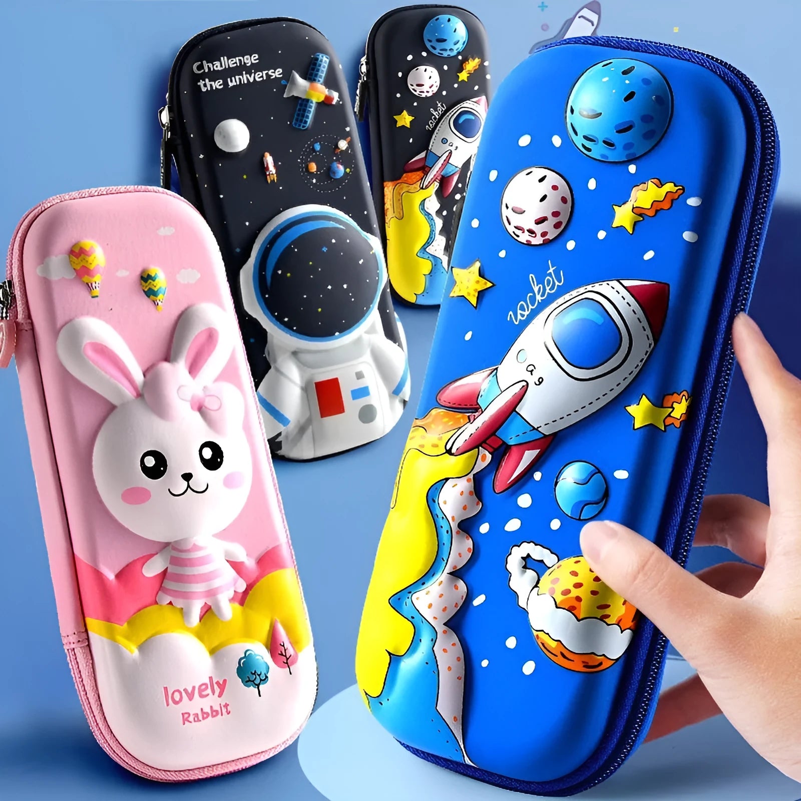 3D leather pencil case with embossed spaceship design organising pens and pencils