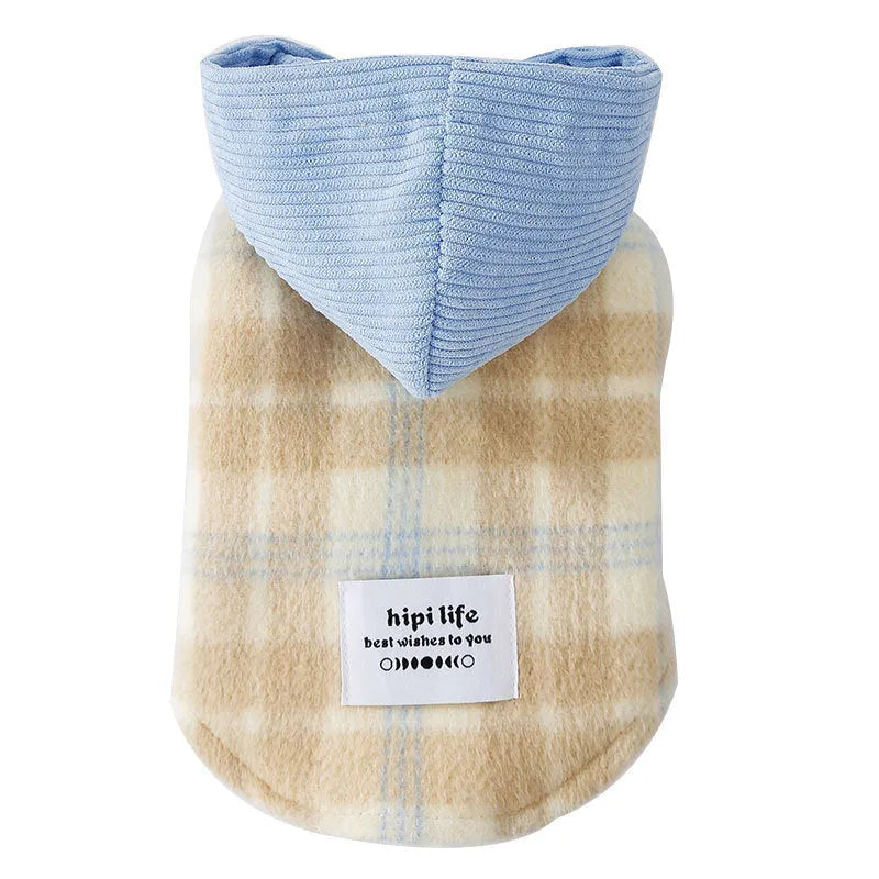 Blue corduroy chessboard grid hooded traction vest for dogs with checkered pattern and functional hood
