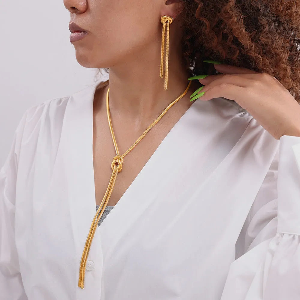 Gold knotted tassel snake chain long necklace with matching earrings set