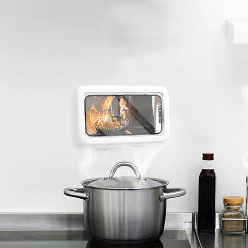 Waterproof bathroom phone holder with touch screen mounted on tile