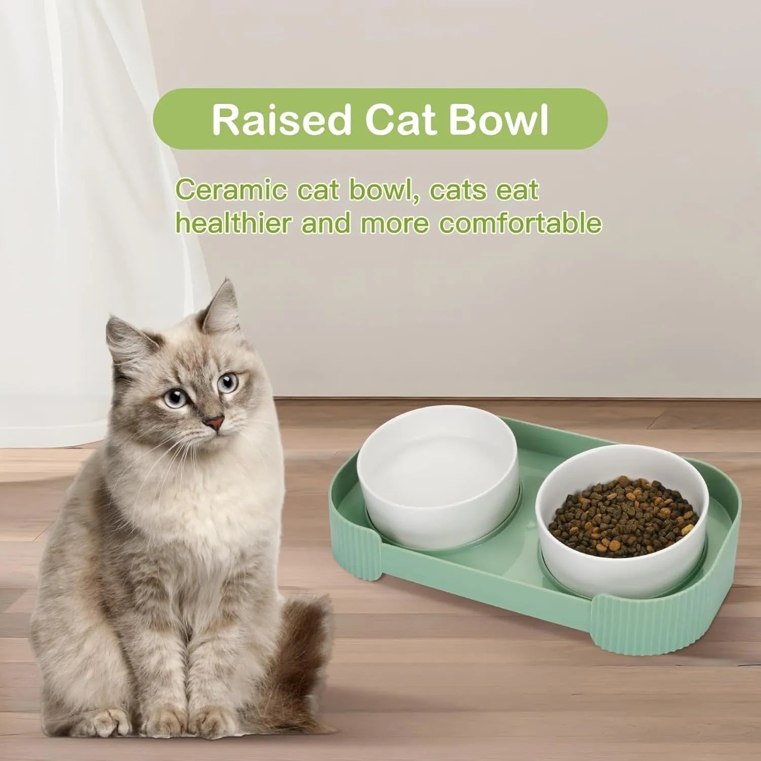 Green and white ceramic elevated cat bowls on a tilted stand for food and water.