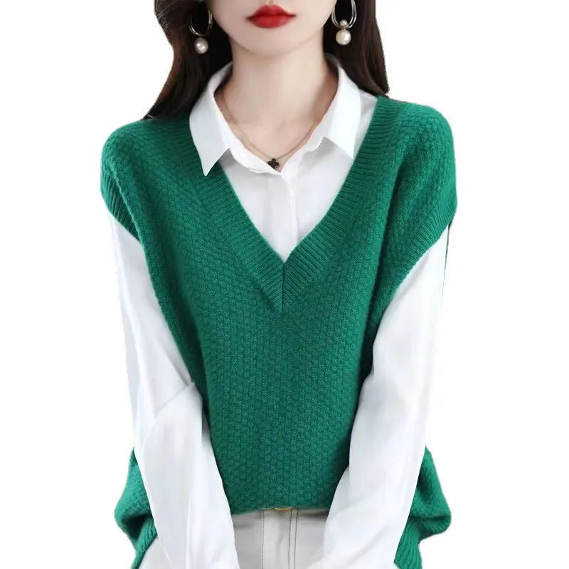 Women's V-neck sleeveless vest pullover with 3D pattern in acrylic knit, shown in multiple colour options