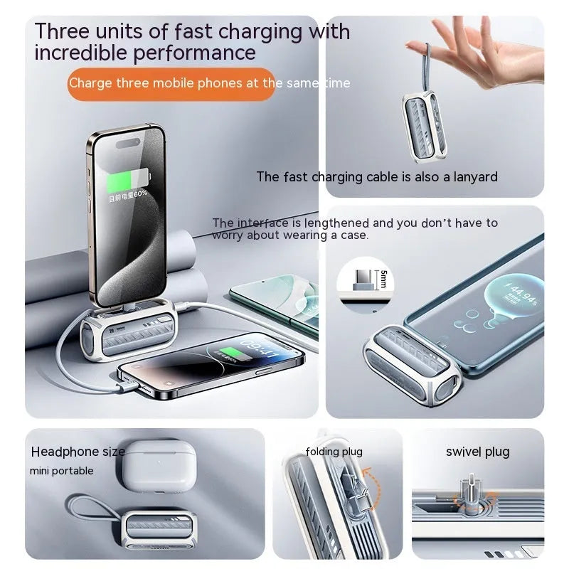 Capsule 20W fast charge folding bracket 5000mAh mini power bank in grey with built-in cables