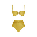 Women's high-waisted split bikini set with cover-up skirt in green or yellow colours