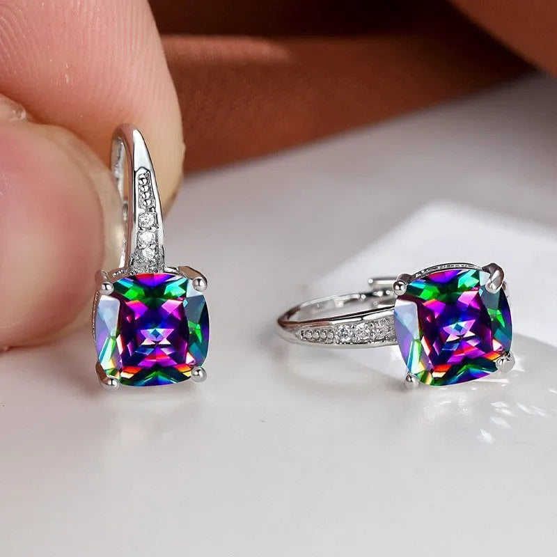 Square geometric ear hooks with round zircon inlays in gold, platinum, or rose gold finish