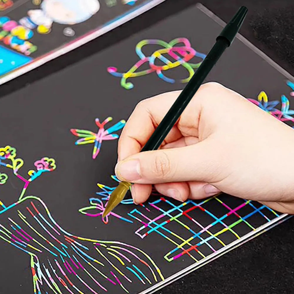 Scratch art paper brush pen with PS plastic handle for children's rainbow foil artwork