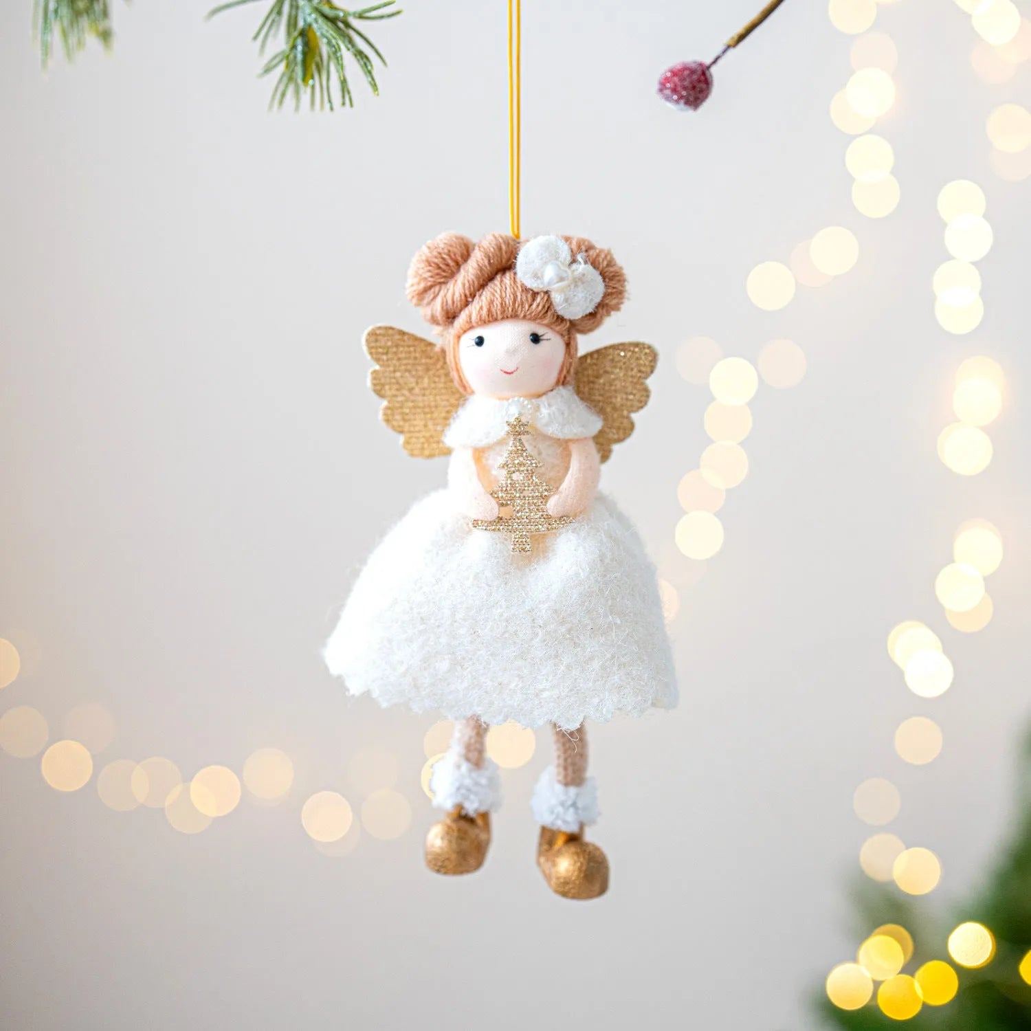 Pink and white cloth Christmas angel wings plush pendant with modern design and hanging cord