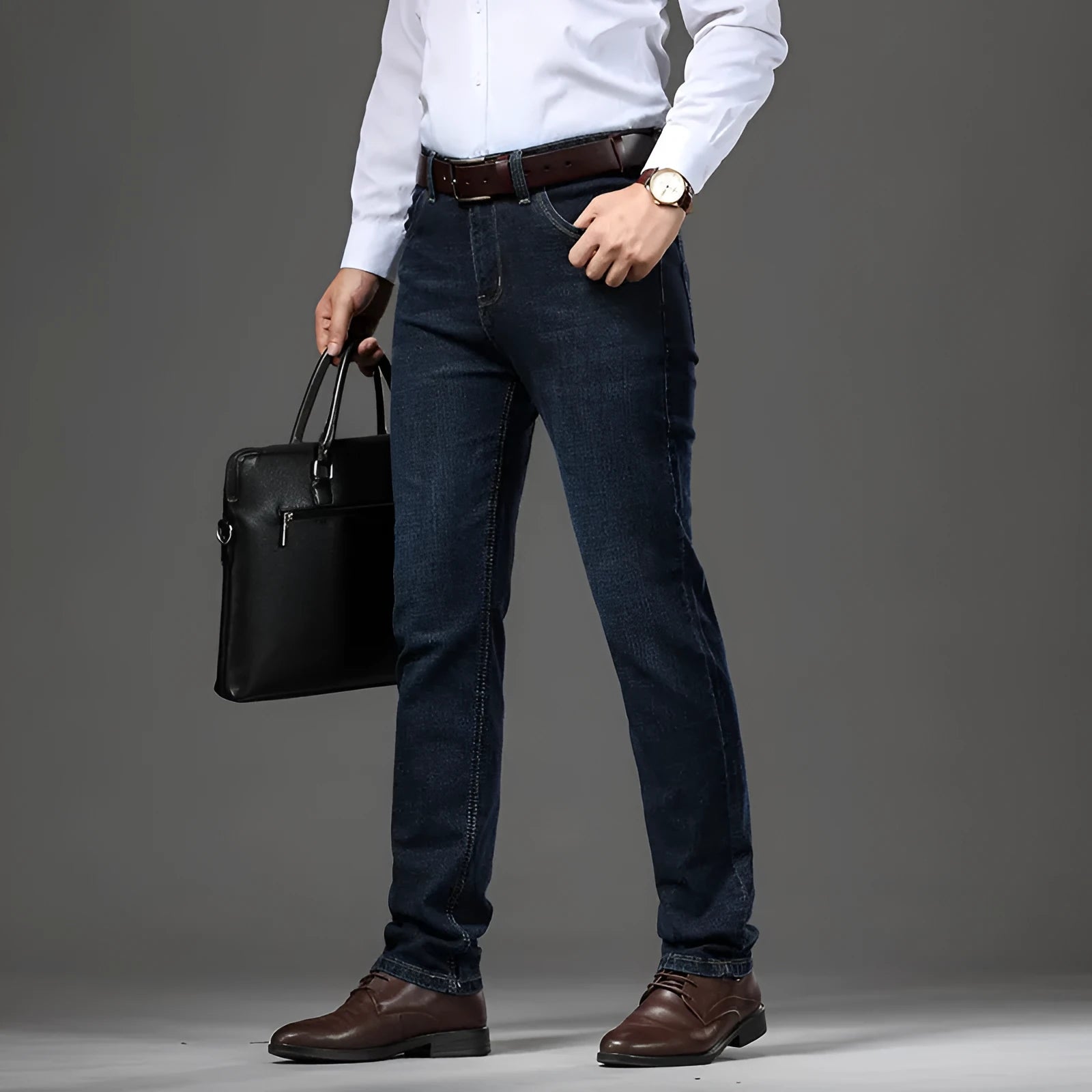 Women's straight leg stretch jeans in K276 blue denim, shown in a loose fit on a model.