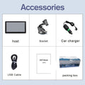 Black portable car GPS navigation device with 7 inch screen mounted on a bracket and car charger.