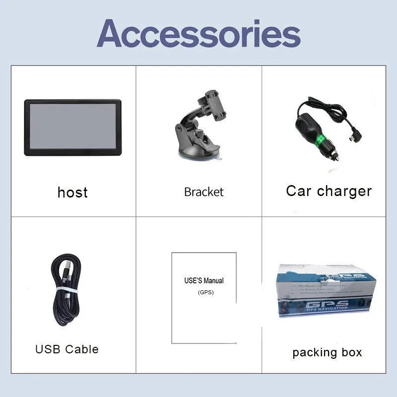 Black portable car GPS navigation device with 7 inch screen mounted on a bracket and car charger.