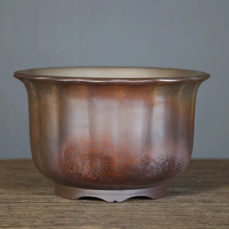 Purple sand ceramic flower pot with antique carved wood burning design for indoor plants
