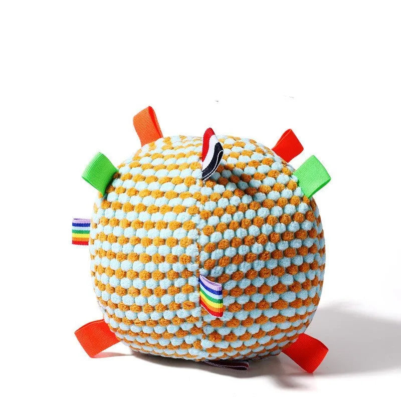 Blue and yellow pineapple lattice dog ball toy with 17cm diameter and internal sound ring
