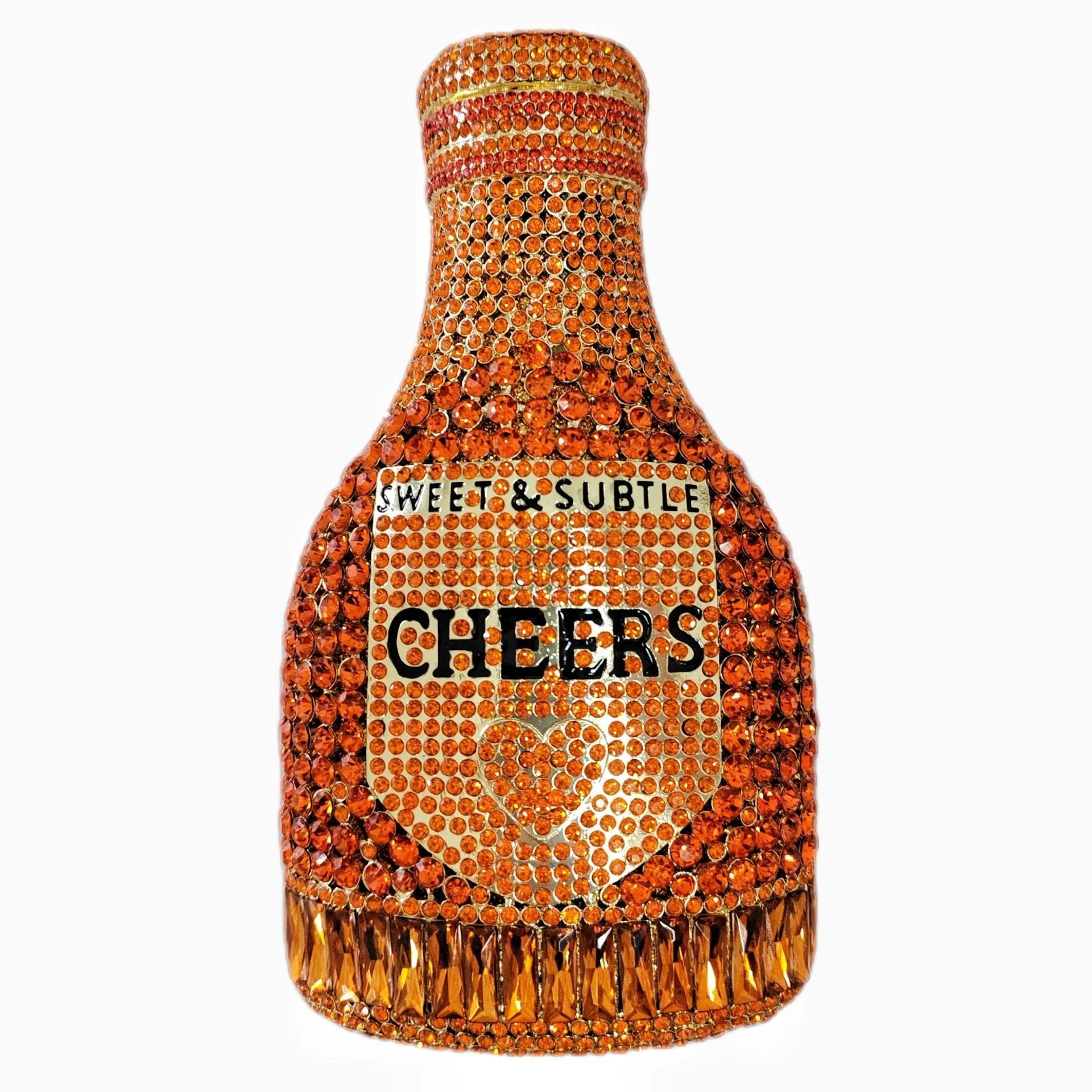 Gold rhinestone evening clutch bag shaped like a champagne bottle with a hard frame.
