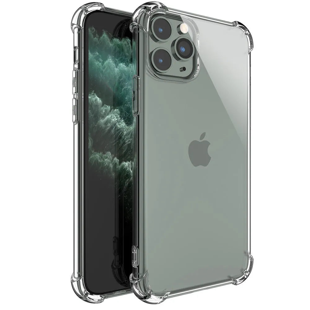 Clear transparent TPU shockproof phone case for iPhone, shown from the back.