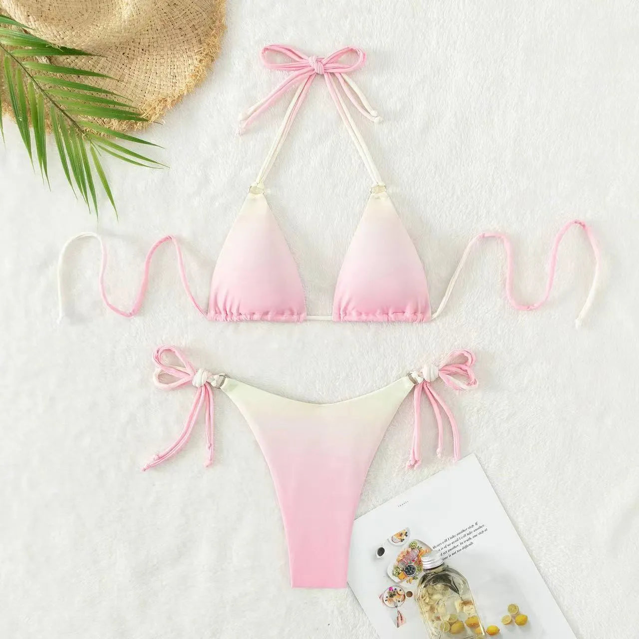 Women's gradient colour separated bikini swimwear set with triangle top and briefs
