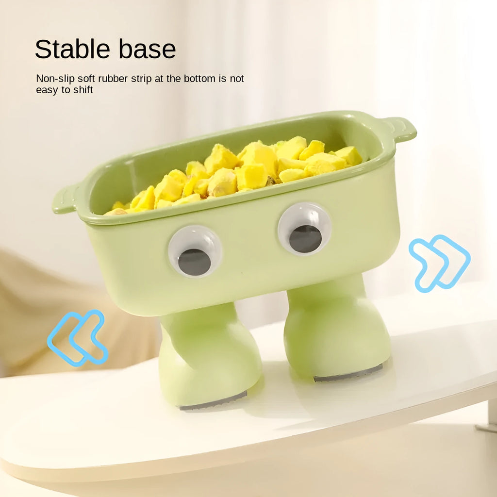Green elevated cat bowl with robot design, tilted dish, and anti-slip base.