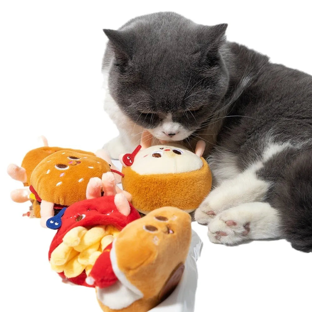 Five soft chew toys for kittens shaped like hamburger, chicken leg, fries, bread, and hot dog