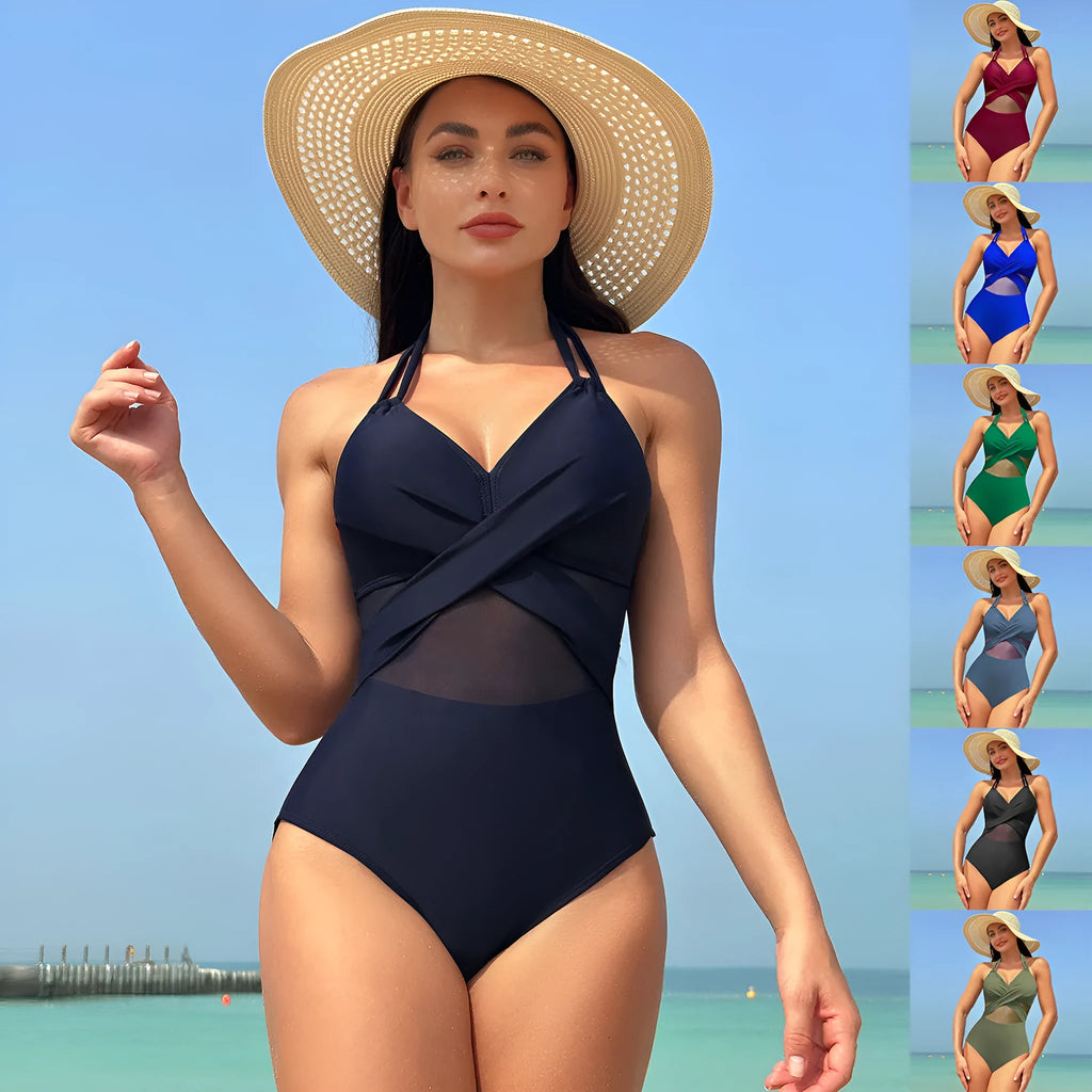 Halter-neck one-piece swimsuit with cross-strap back and mesh detail in solid colour
