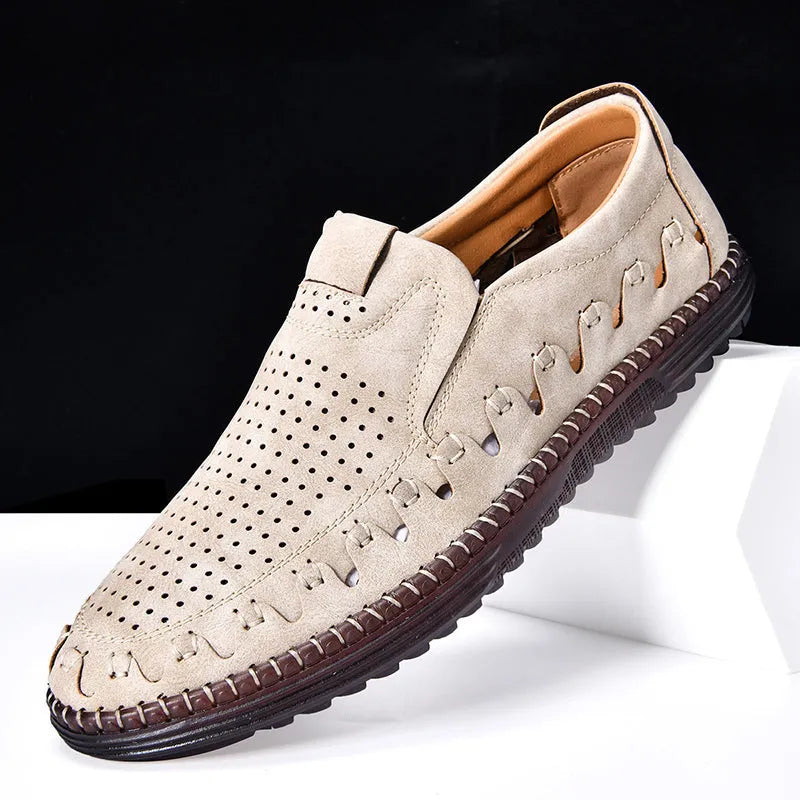 Men's brown handmade PU leather slip-on casual shoes with flat heel and round toe cap.