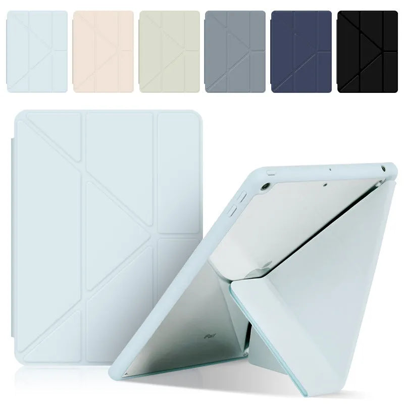 iPad foldable stand case in imitation leather with Y-fold design and Apple Pencil slot.