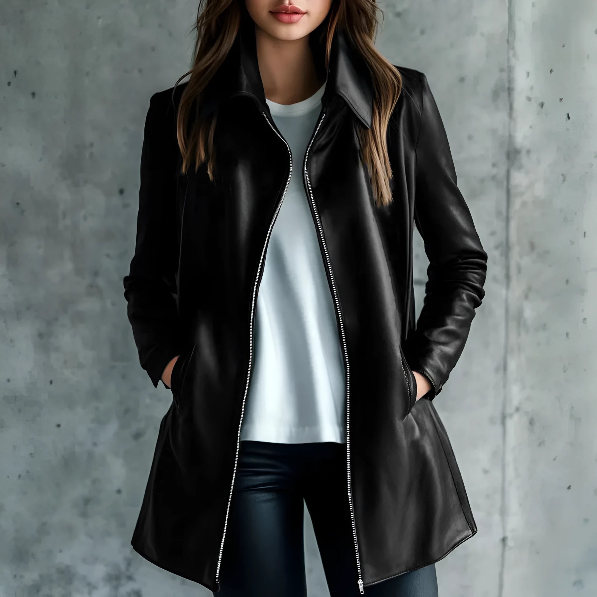 Women's black polyester leather jacket with 65cm medium length and long sleeves