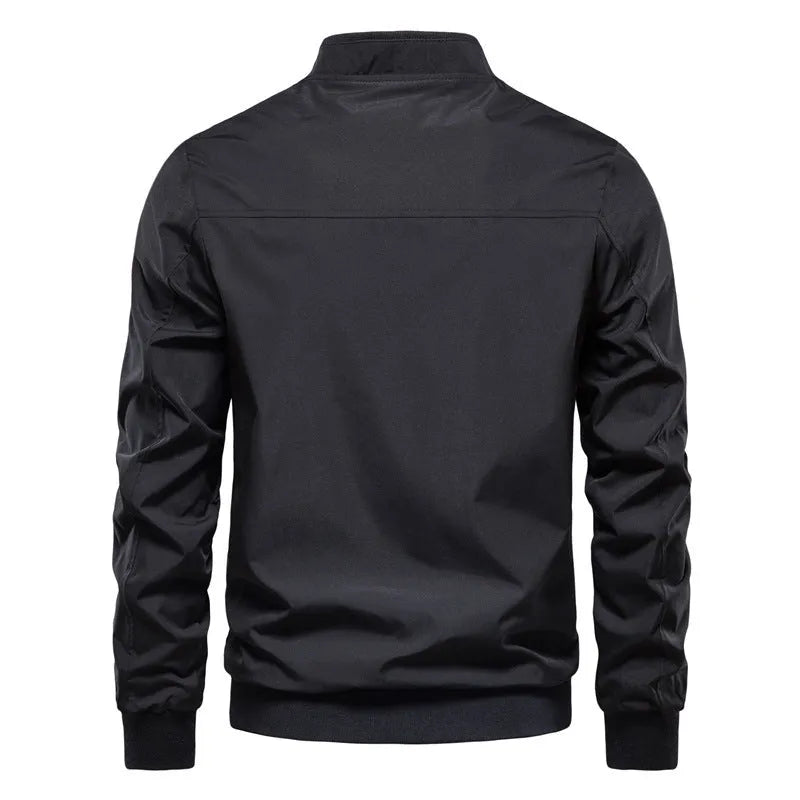 Men's solid colour thin casual jacket in polyester fabric on a hanger.