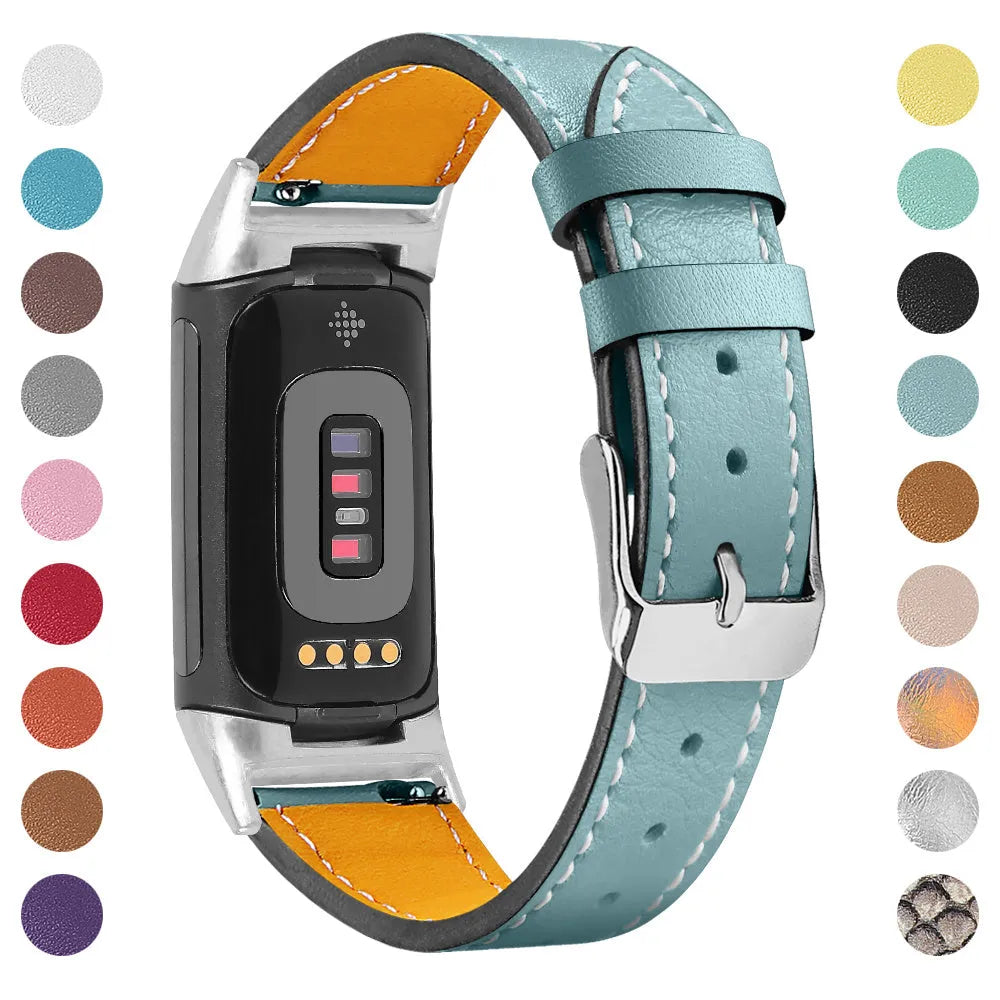 Genuine cowhide leather replacement strap for Fitbit Charge 5 and Charge 6 smartwatch in multiple colours.
