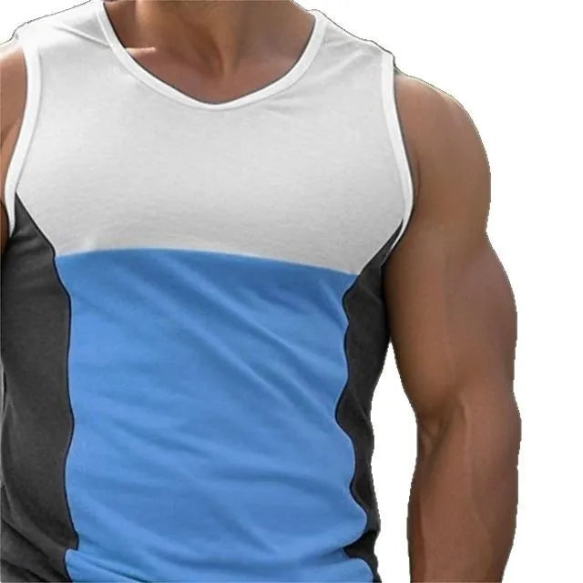 Men's cotton blend sports vest in blue, orange red, or yellow with European and American sizing for athletic activities