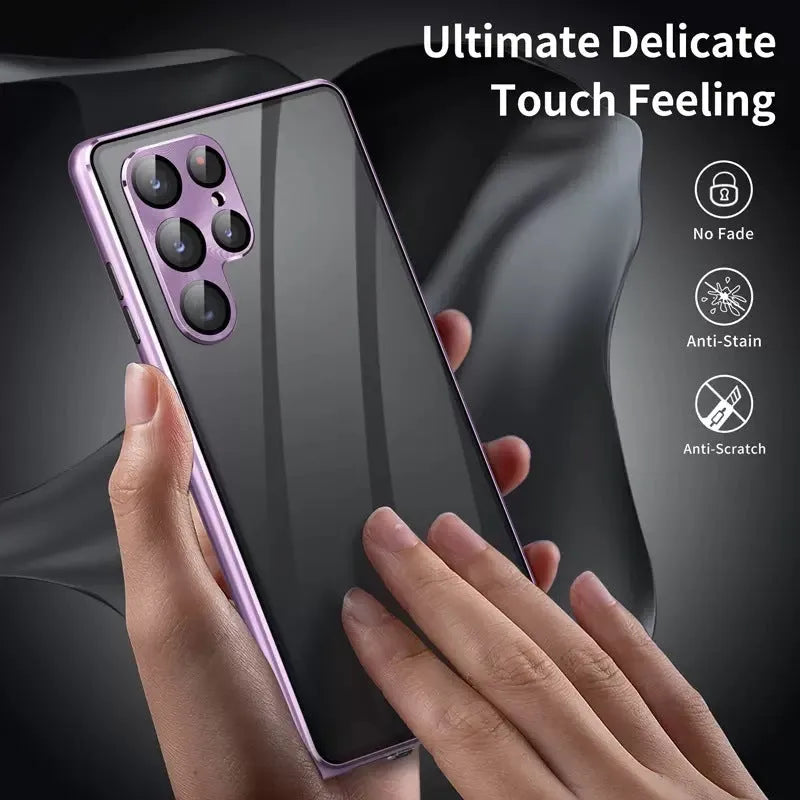 Metallic magnetic mirror phone case for Samsung S24 Ultra in various colours showing privacy screen.