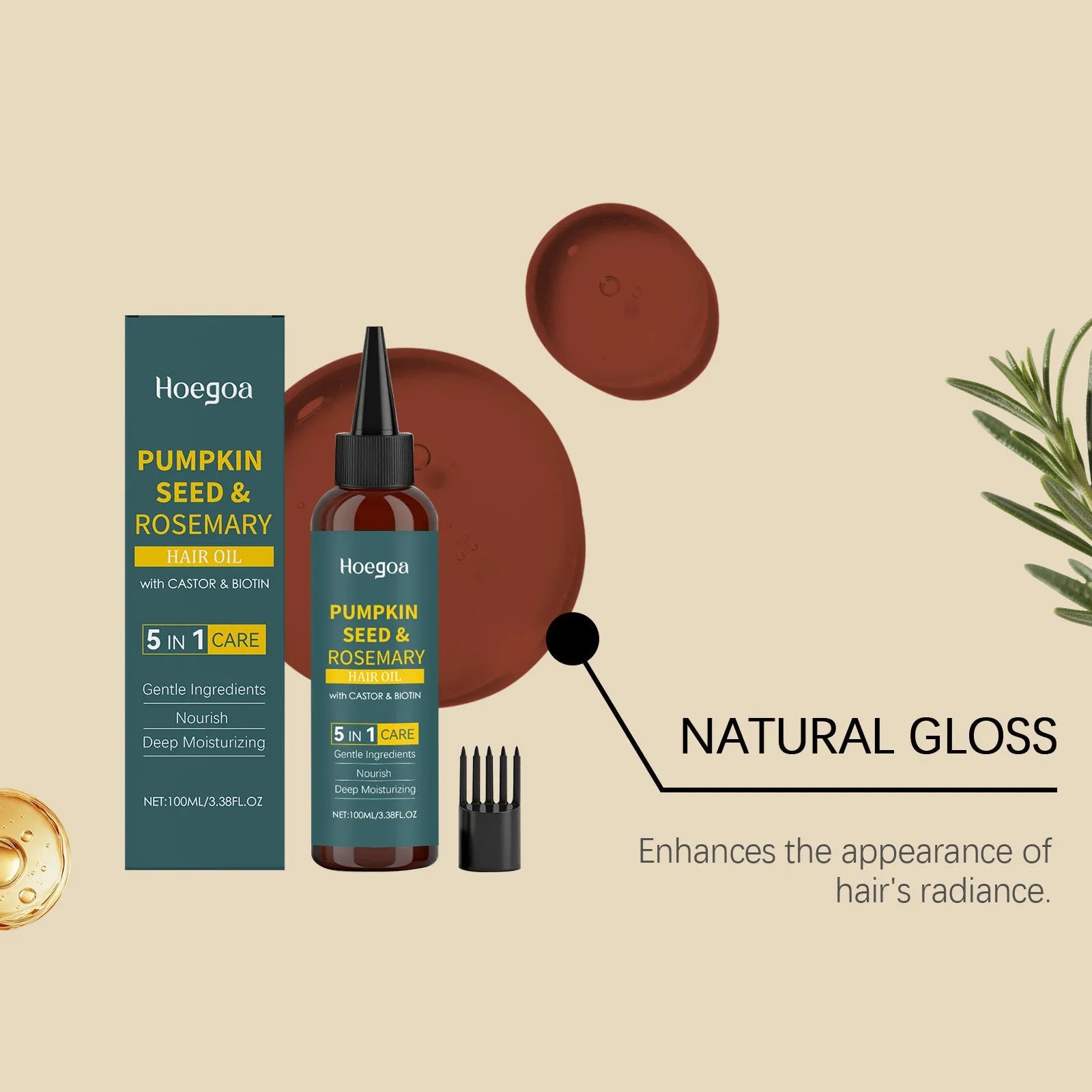 Rosemary essential oil hair care kit with 100ml bottle, pointed applicator, and hair comb