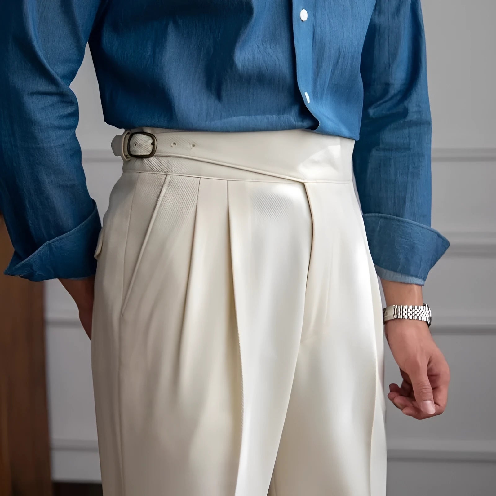 Men's high waist straight leg casual trousers in polyester fabric shown in black, brown, khaki, or white.