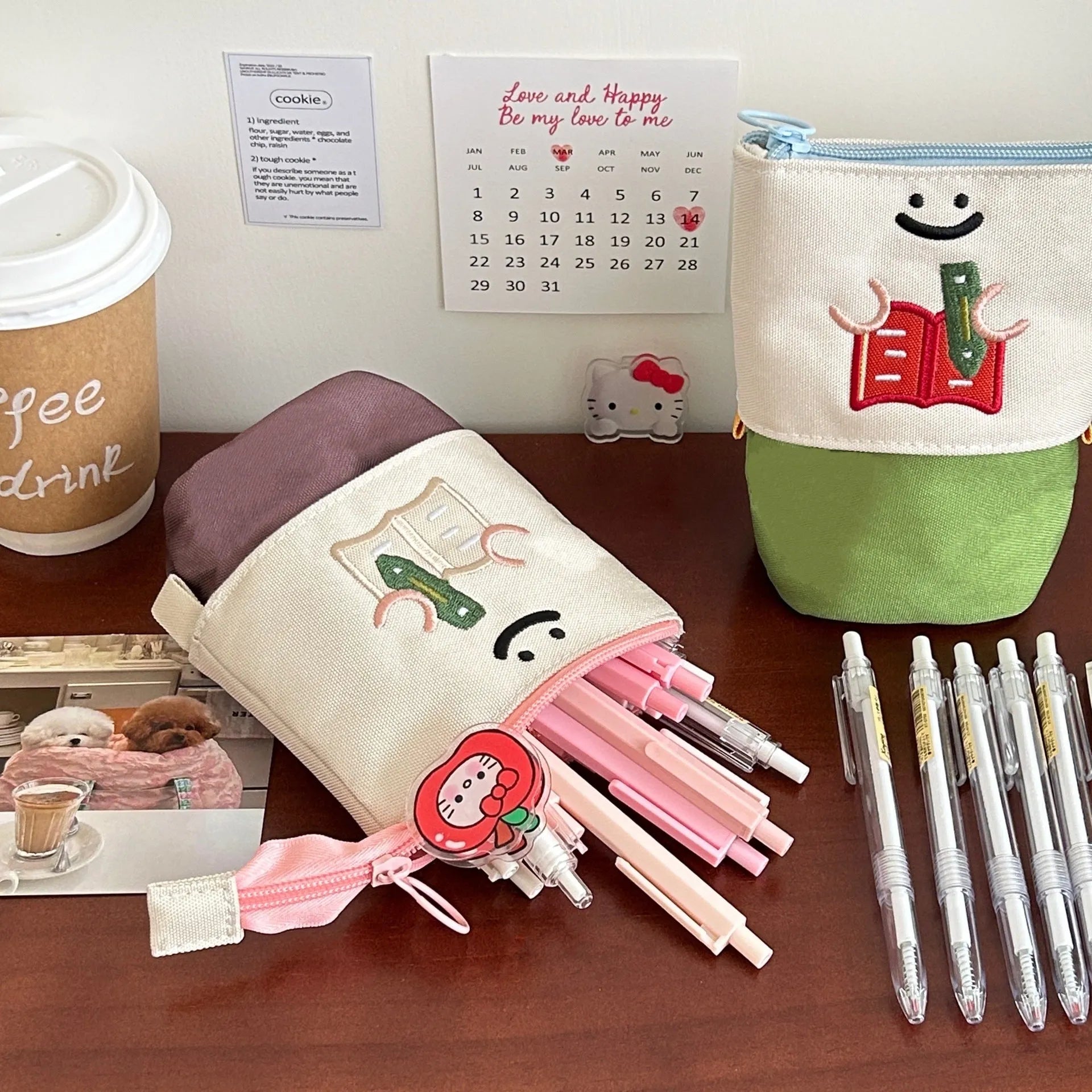 Cartoon printed collapsible pencil case in brown or green colour with zip closure