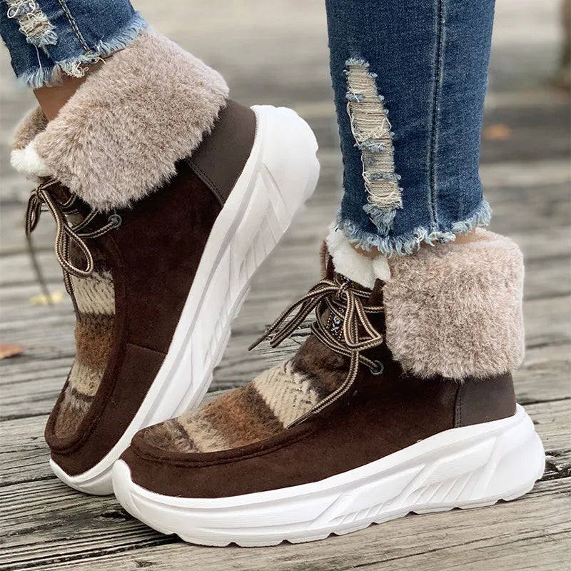 Women's beige lace-up snow boots with fuzzy lining and thick platform soles