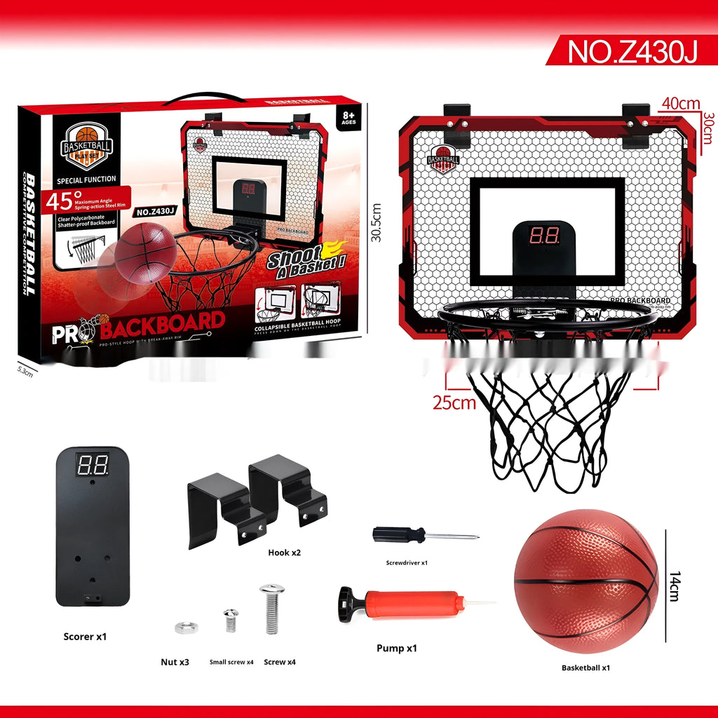 Red and blue folding basketball frame toy with suction cups mounted on a wall, shown with a basketball.