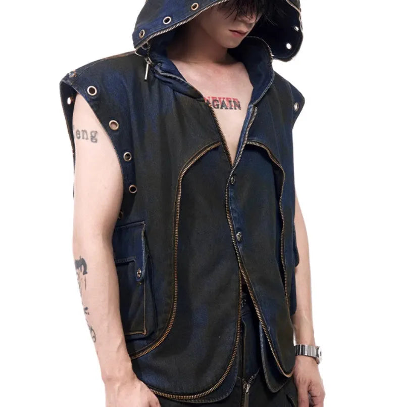 Blue Korean-style hooded denim vest coat and matching trousers outfit with front zipper closure