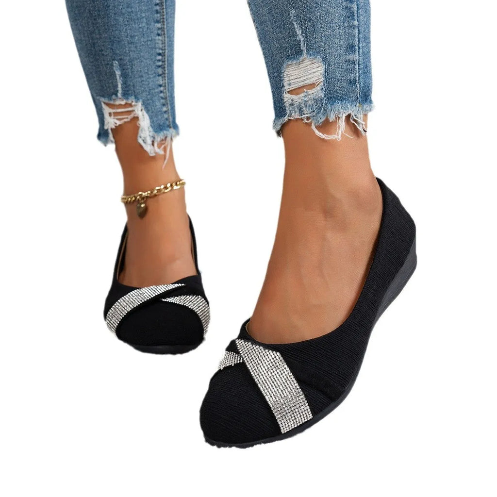 Women's black slip-on casual shoes with rhinestone decoration and 6-8cm chunky heel